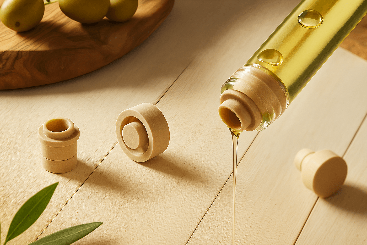 Features of synthetic cork closures for condiments